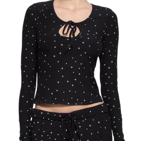 Black Star Print Keyhole Tie Front Long Sleeve Ribbed Knit Top Celestial - Picture 6 of 6